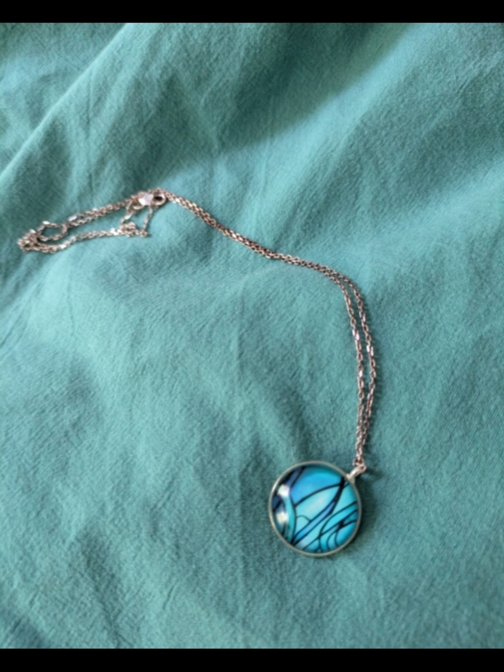 Silver Necklace with Blue Art Glass Pendant Handmade Abstract Never Worn